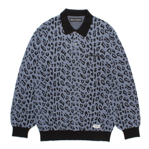 画像1: WACKO MARIA/LEOPARD JACQUARD KNIT POLO SHIRT（BLUE）［レオパードジャガードニットポロ-24秋冬］