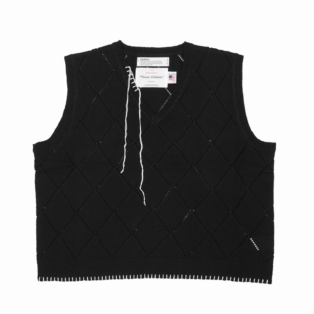 DAIRIKU/Blanket Embroidery Argyle Knit Vest（ナイトブラック