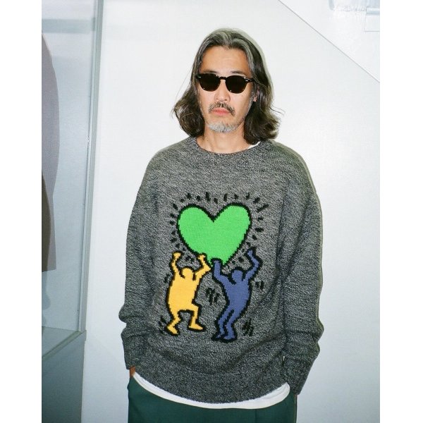 画像2: WACKO MARIA/KEITH HARING / JACQUARD KNIT SWEATER（GRAY）［ジャガードセーター-24秋冬］ (2)