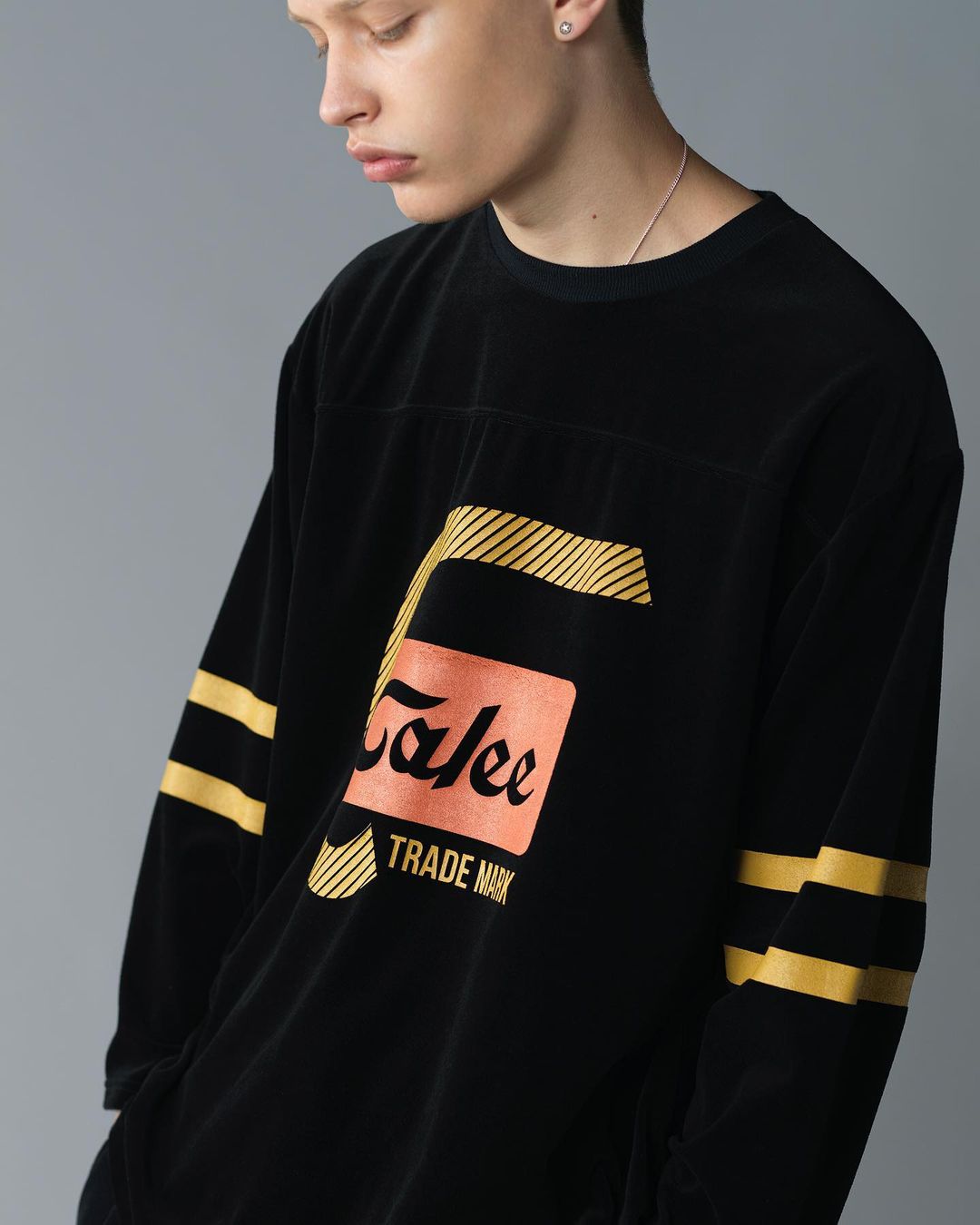 CALEE/8 Length sleeve velour football t-shirt（ブラック）［ベロア