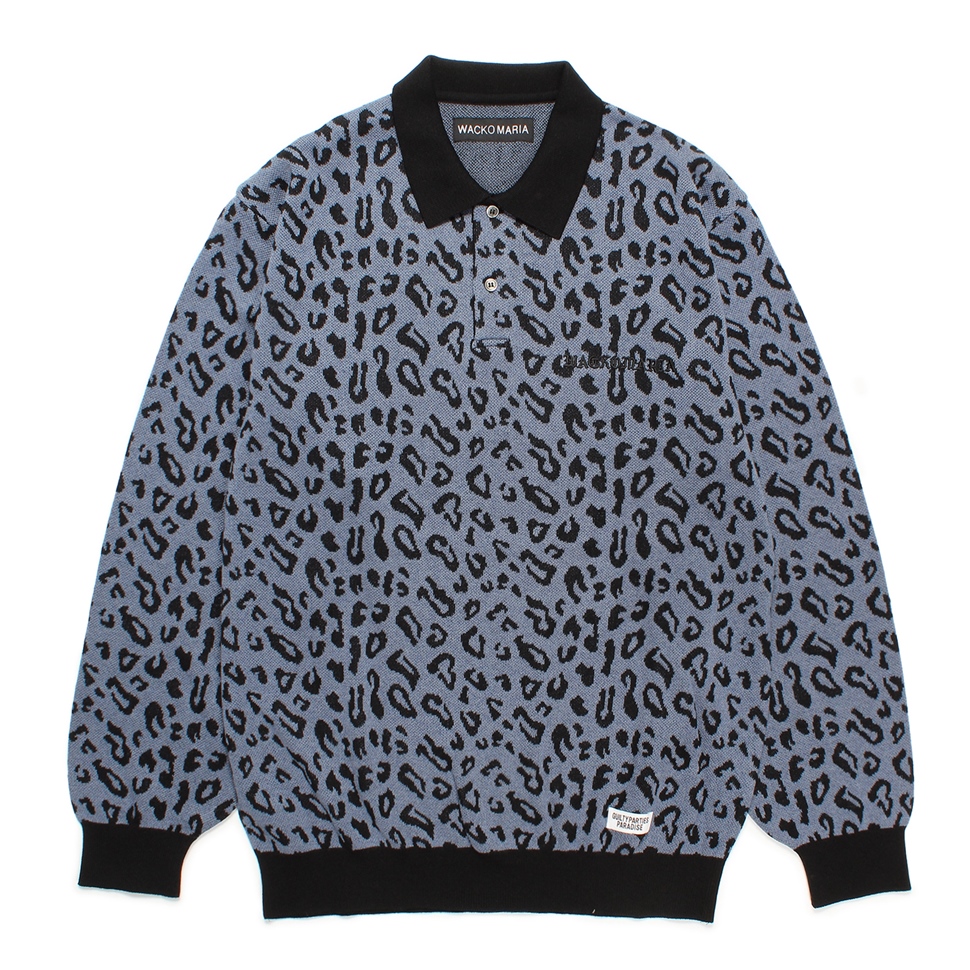 画像: WACKO MARIA/LEOPARD JACQUARD KNIT POLO SHIRT（BLUE）［レオパードジャガードニットポロ-24秋冬］